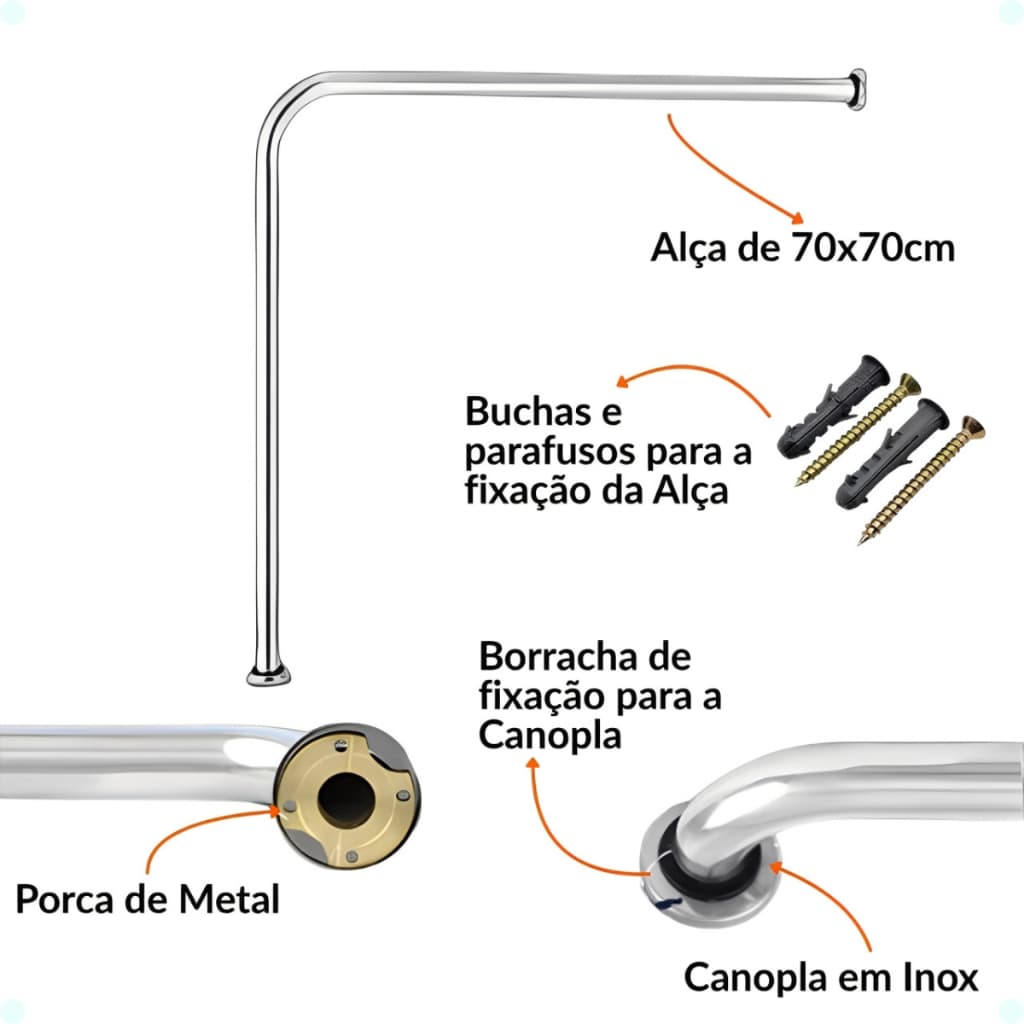 Alça Barra De Apoio Vaso 90°L Corrimão Suporte Idoso Deficiente Gestante Antiderrapante Prateado