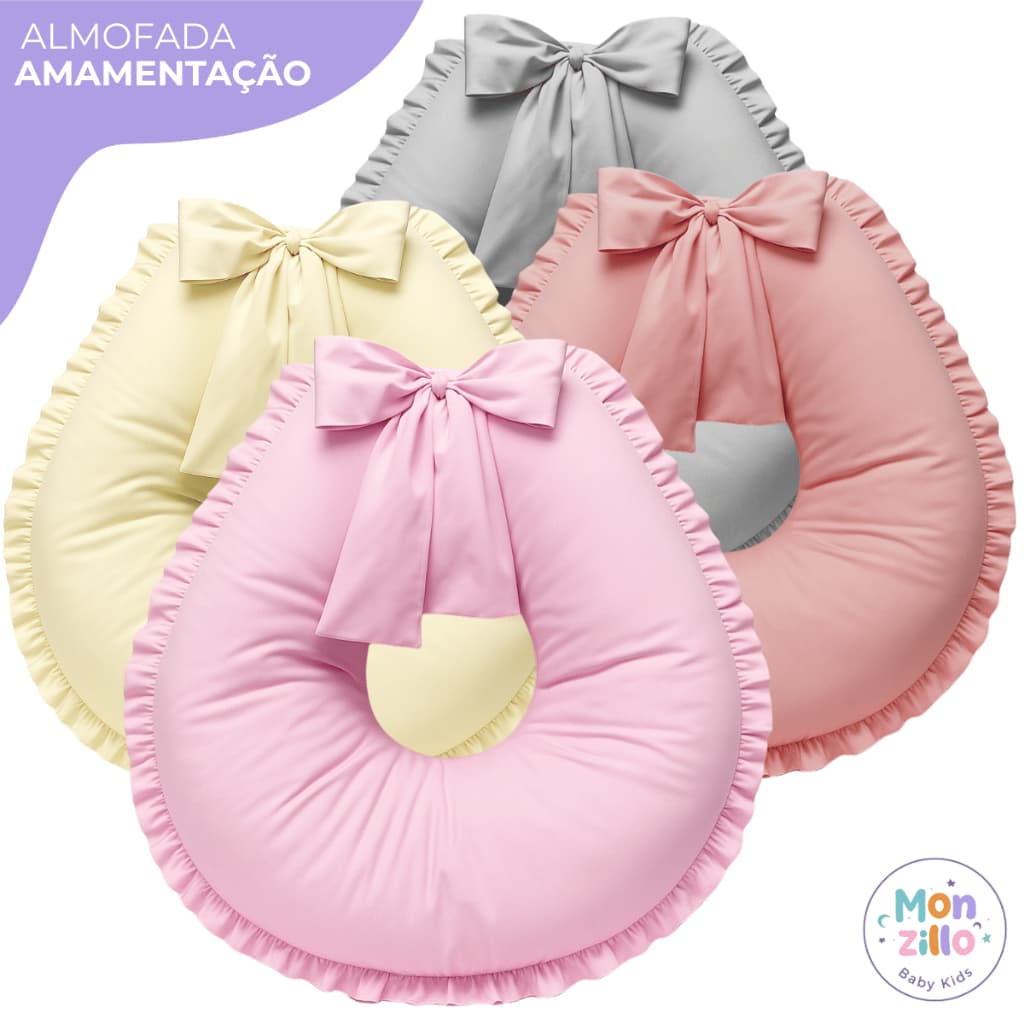 Almofada de Amamentação com Babado e Laço Extra Grande Algodão ziper e refil Diversas Cores Unissex