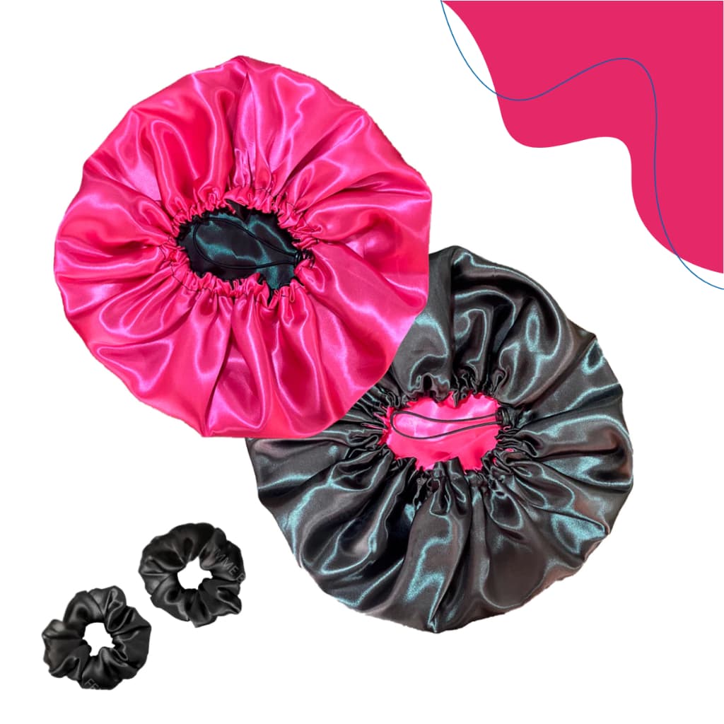 2 Touca de Cetim Dupla Face com Regulador + 2 xuxinha