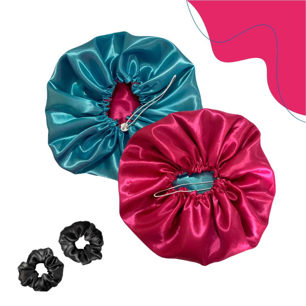 2 Touca de Cetim Grande / Box Braids Dupla Face com Regulador + 2 xuxinha