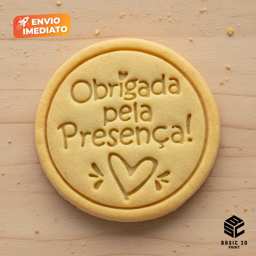 Cortador e marcador de biscoitos tema Obrigada pela presença Biscoitos Decorados 6cm Molde Biscoito