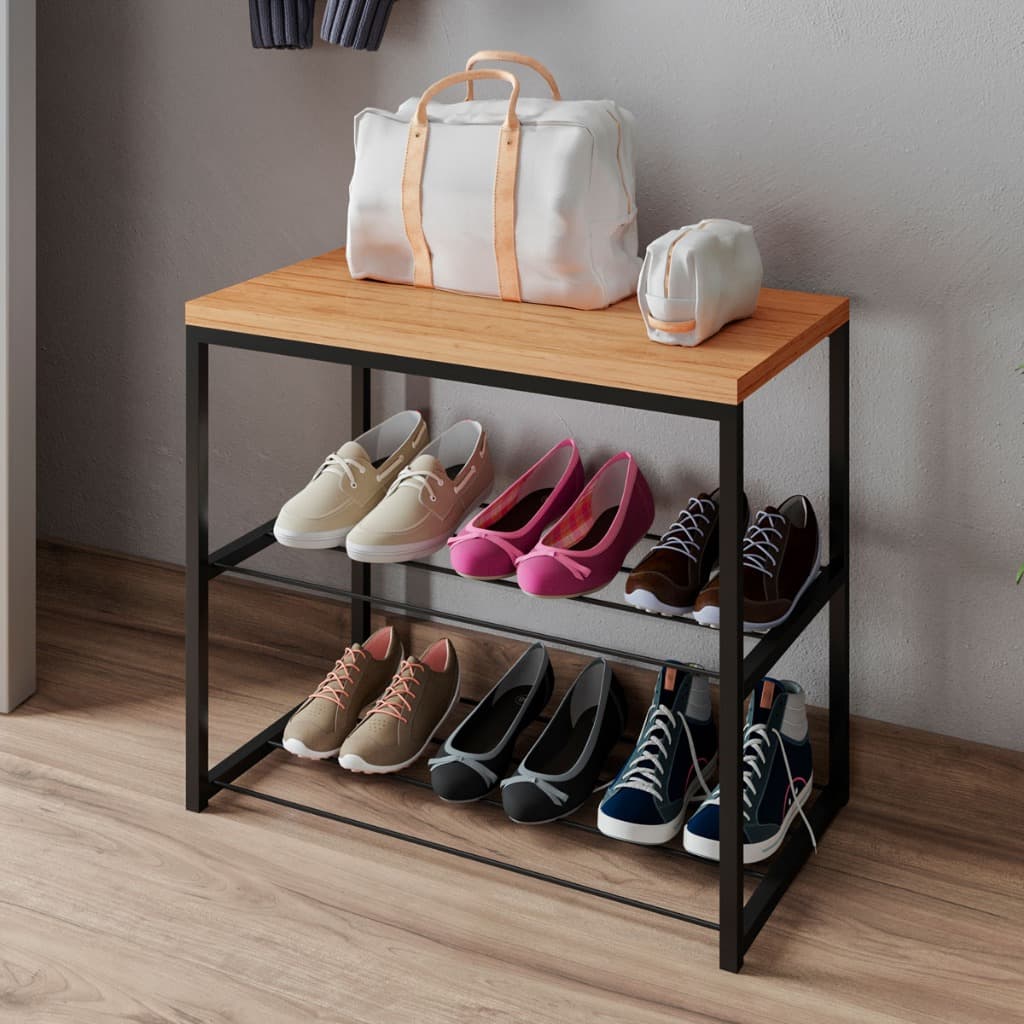 Sapateira Banco Estilo Industrial com 2 Prateleiras em Aço e Tampo MDF Várias Cores