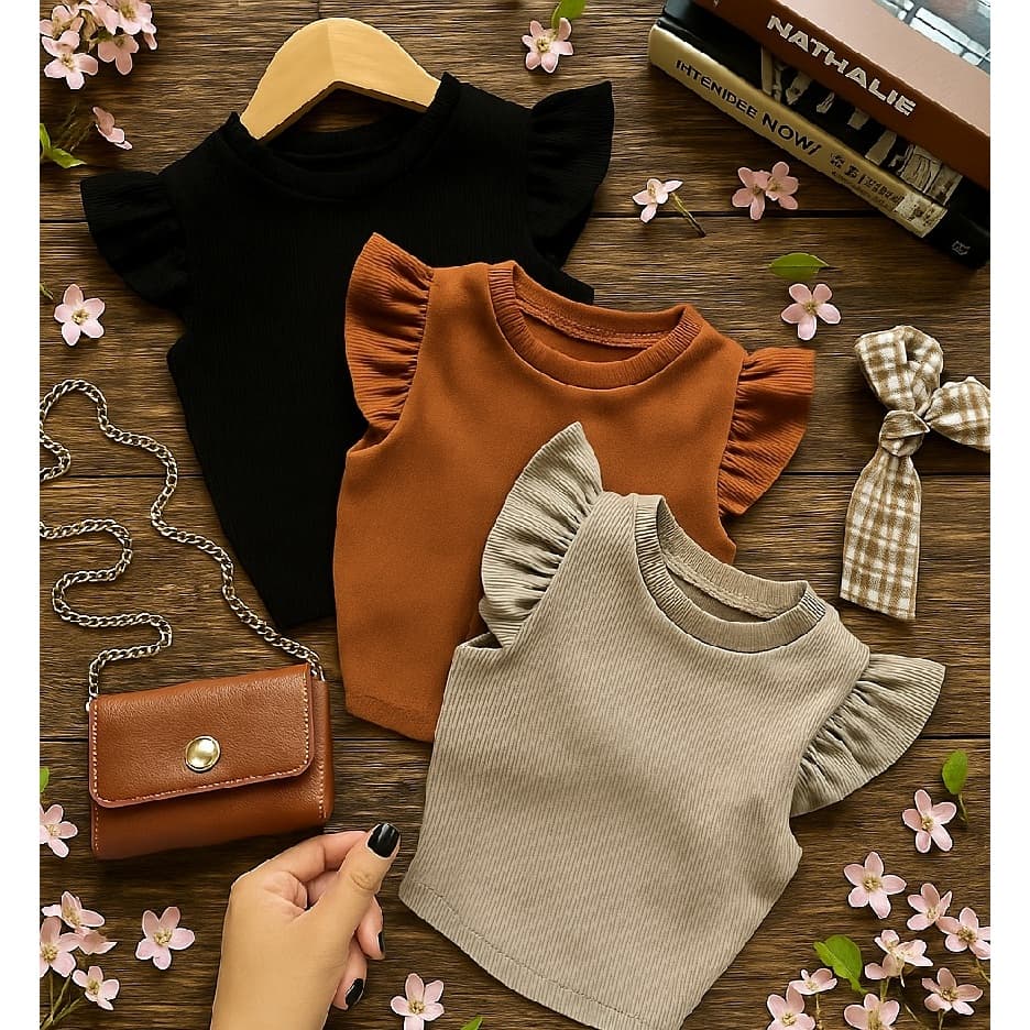 Kit com 3 Blusinhas Blusa Cropped Com Babado na Manga Frufru  Para Meninas e Adolescentes Infantil e Juvenil