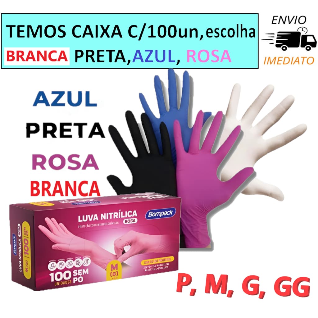 Luvas descartáveis Preta / Rosa / Azul / Branca Nitrílicas resistente antialérgica P, M, G, GG