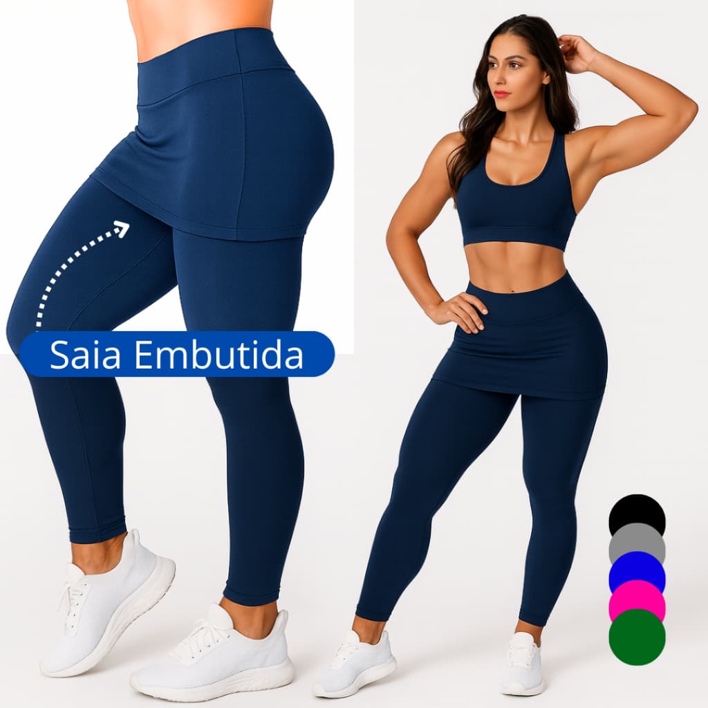Calça Legging com Saia Fitness Feminina para Academia Tapa-Bumbum Embutido