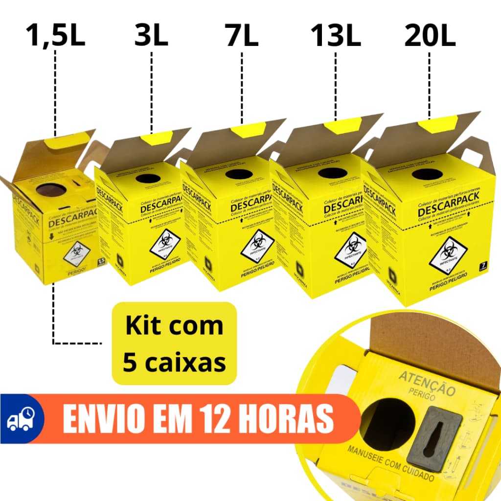5un Caixas Coletora Para Material Perfurocortante 1,5L  3L 7L 13L 20L Descarpack