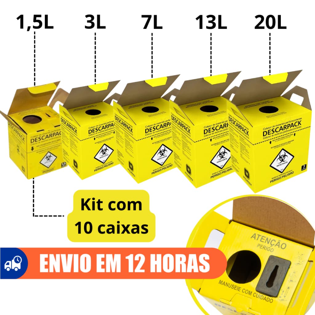 10un Caixas Coletora Para Material Perfurocortante 1,5L  3L 7L 13L 20L Descarpack