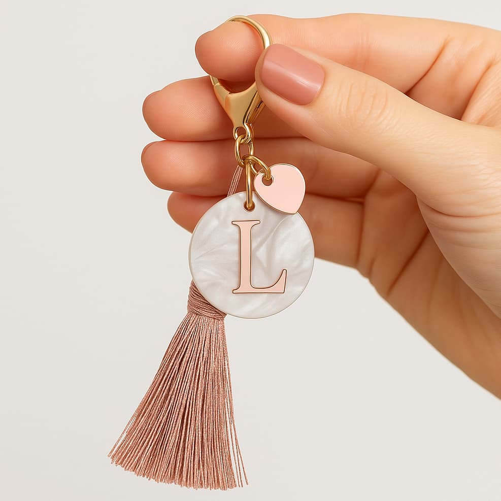 Chaveiro Inicial Madrepérola 4cm com Letra Espelhada Dourado Prata Rosé