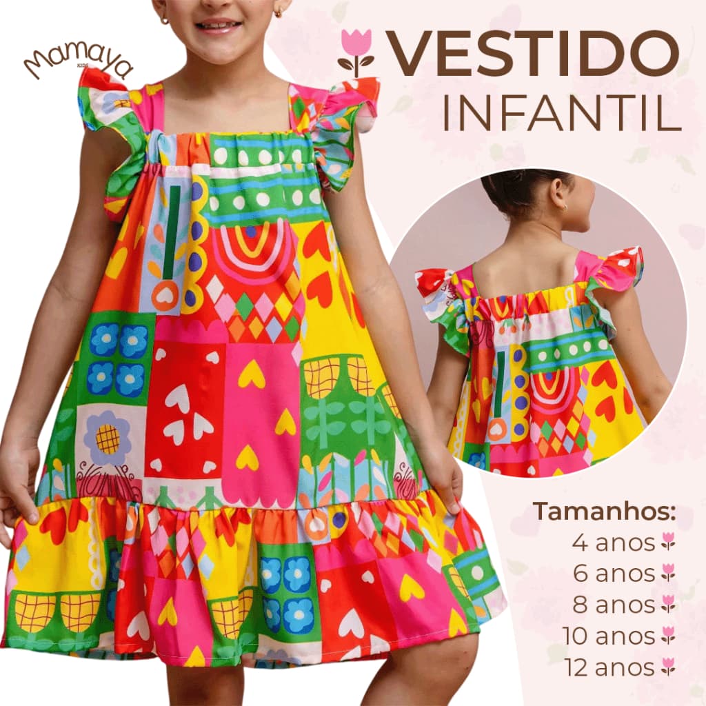 Vestido Infantil Estampado Colorido Bloguerinha Luxo Casual Delicado de 4 a 12 Anos