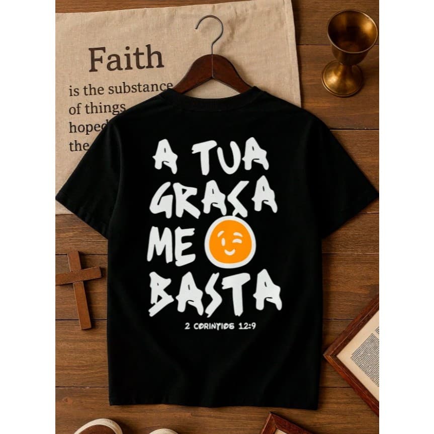 Camiseta Para Meninos Cristã A Tua Graça Me Basta Estampa Grande Camisa 100% Algodão