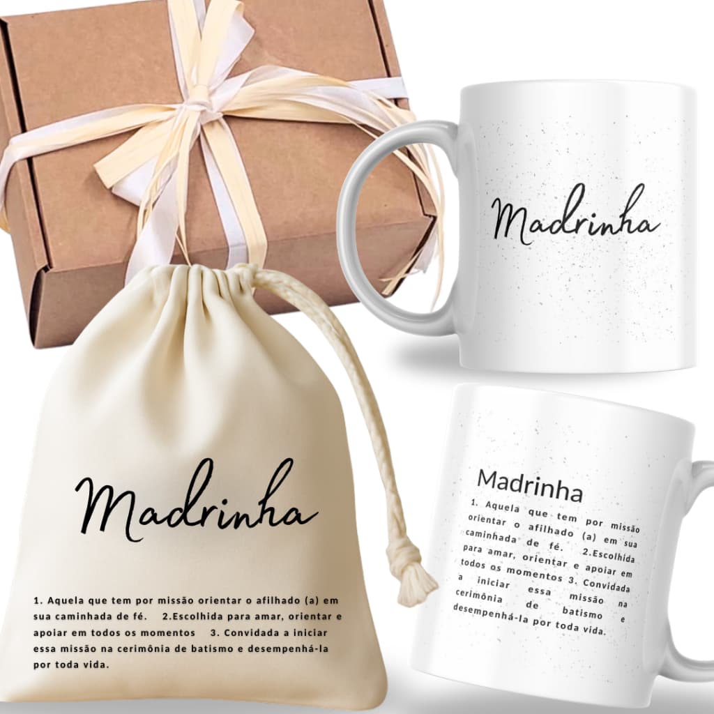 Caixa convite madrinha padrinho batismo batizado + caneca + saquinho lembrança