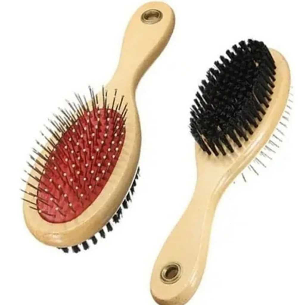 Escova Dupla Cabo de Madeira para Pelos Pet Desembaraça Tira os Nós Cerdas Nylon Cachorro Gato