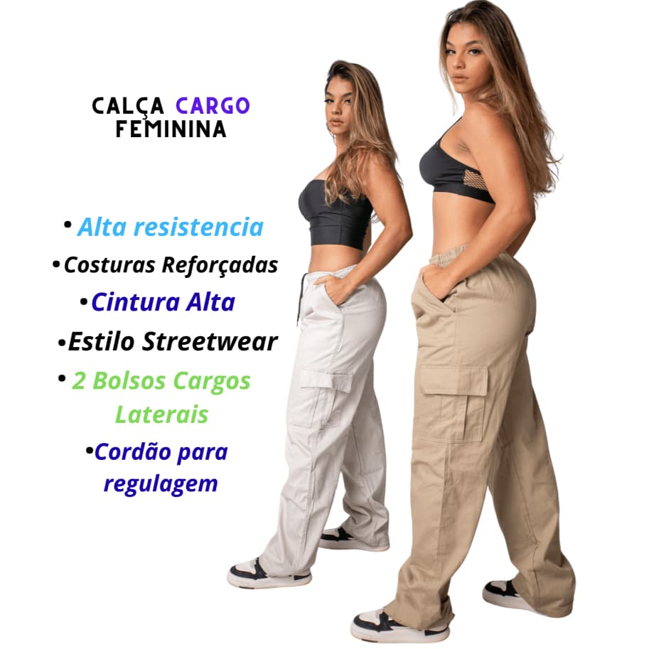 Calça Cargo Feminina Streetwear Boca larga