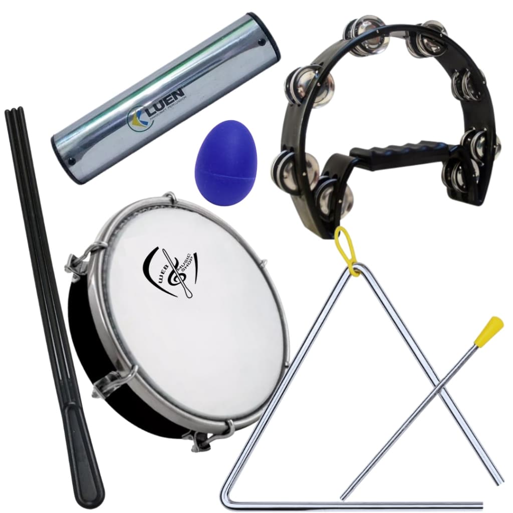 Kit Meia Lua+ Triângulo AM + Tamborim Baqueta Tripla+ Chocalho Luen 20 + Ganzá