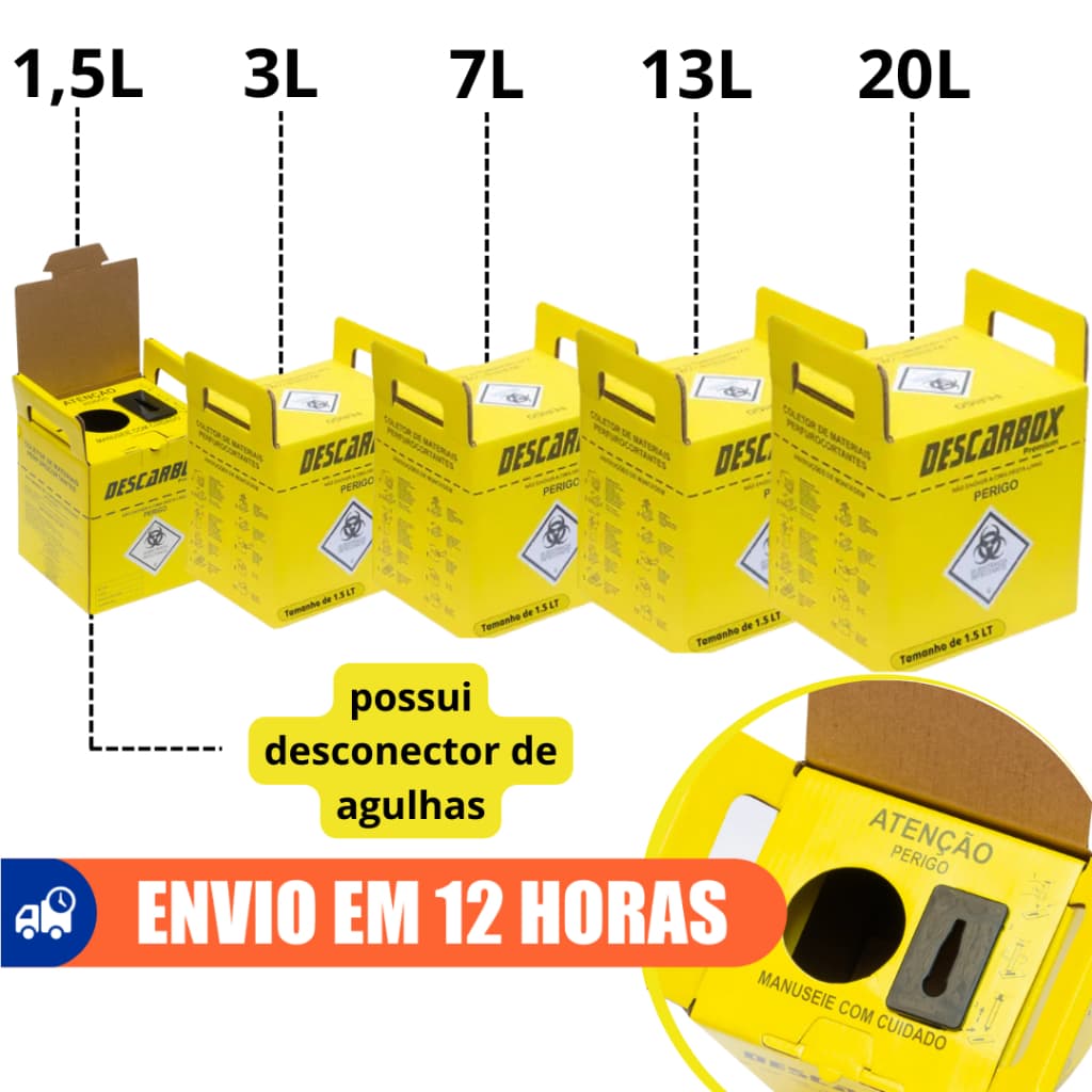 Caixa Coletora Para Material Perfurocortante 1,5L  3L 7L 13L 20L Descarbox