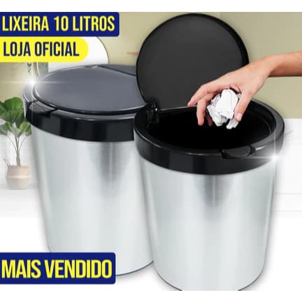 Lixeira Cesto Tipo Inox Com Tampa Click 10 Litros Prata Banheiro Cozinha Quarto Escritório TOY 25670
