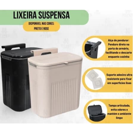 Lixeira Suspensa Balde de Lixo 9 Litros com Adesivo e Alça para Pedurar Rose e Preto Arqplast Toy 25956