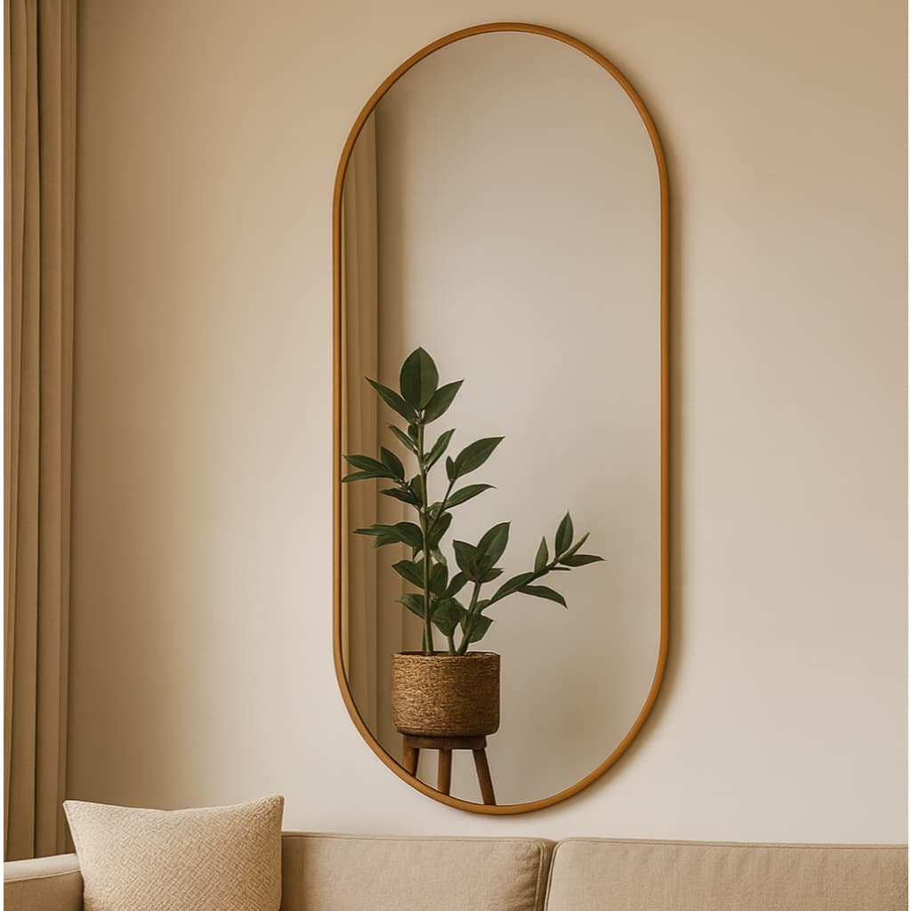 Espelho Orgânico Pílula 50cm x 120cm Corpo Inteiro Moldura Couro Caramelo / Preto Moderno Decoração