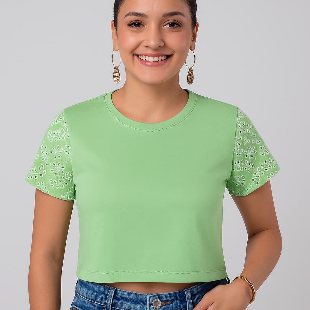 Cropped Feminino Algodão Manga Laise Bordado Versátil Atemporal Moda Casual Confortável Leve 25639-A