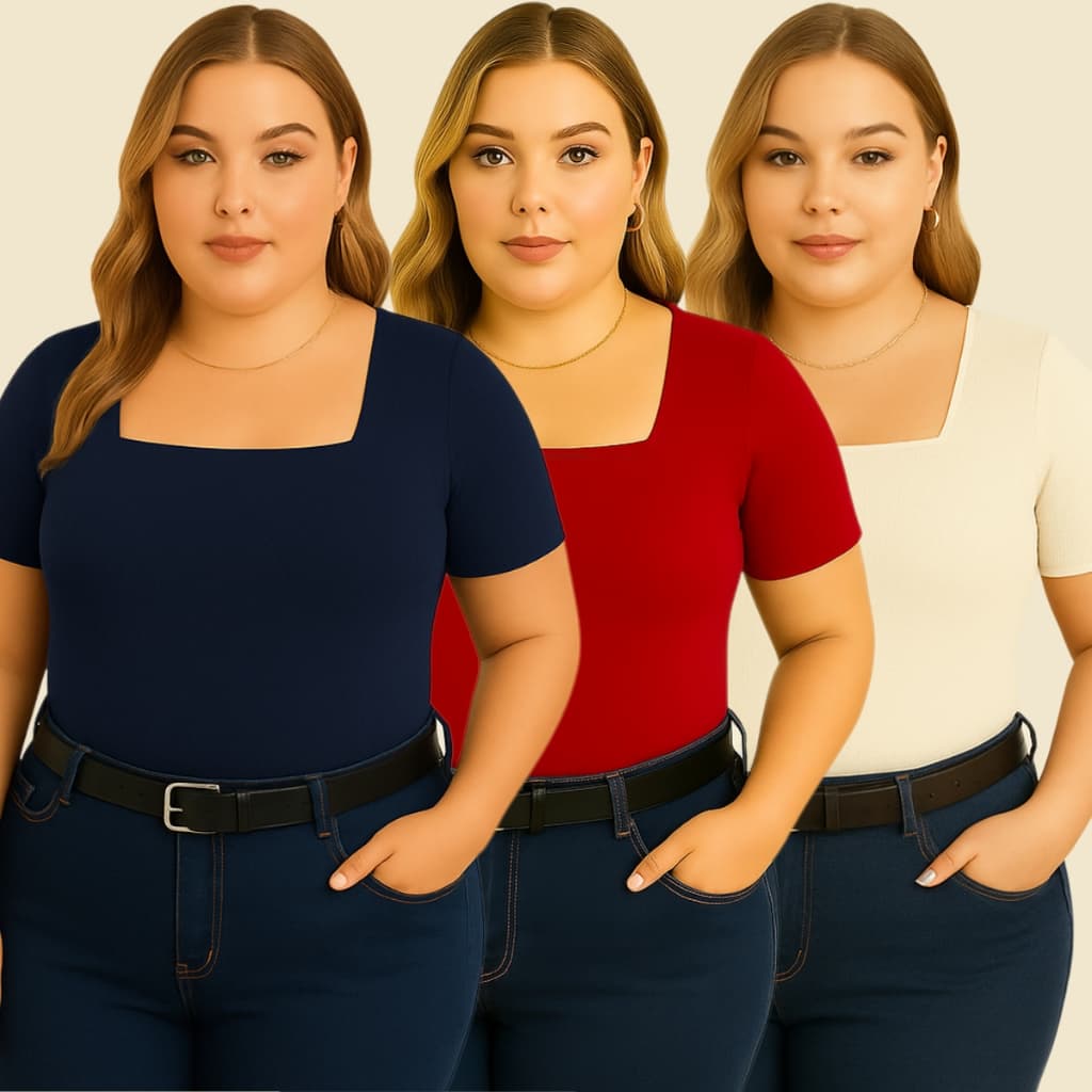 Kit com 3 blusa plus size decote quadrado básica feminina