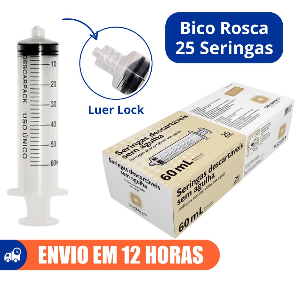 Seringa 60ml Bico Rosca Luer Lock Descartável 25un Descarpack