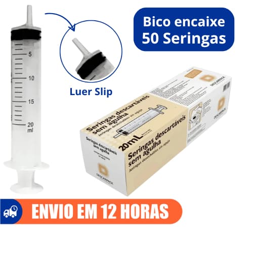 Seringa 20ml Bico Encaixe Luer Slip Descartável 50un Descarpack
