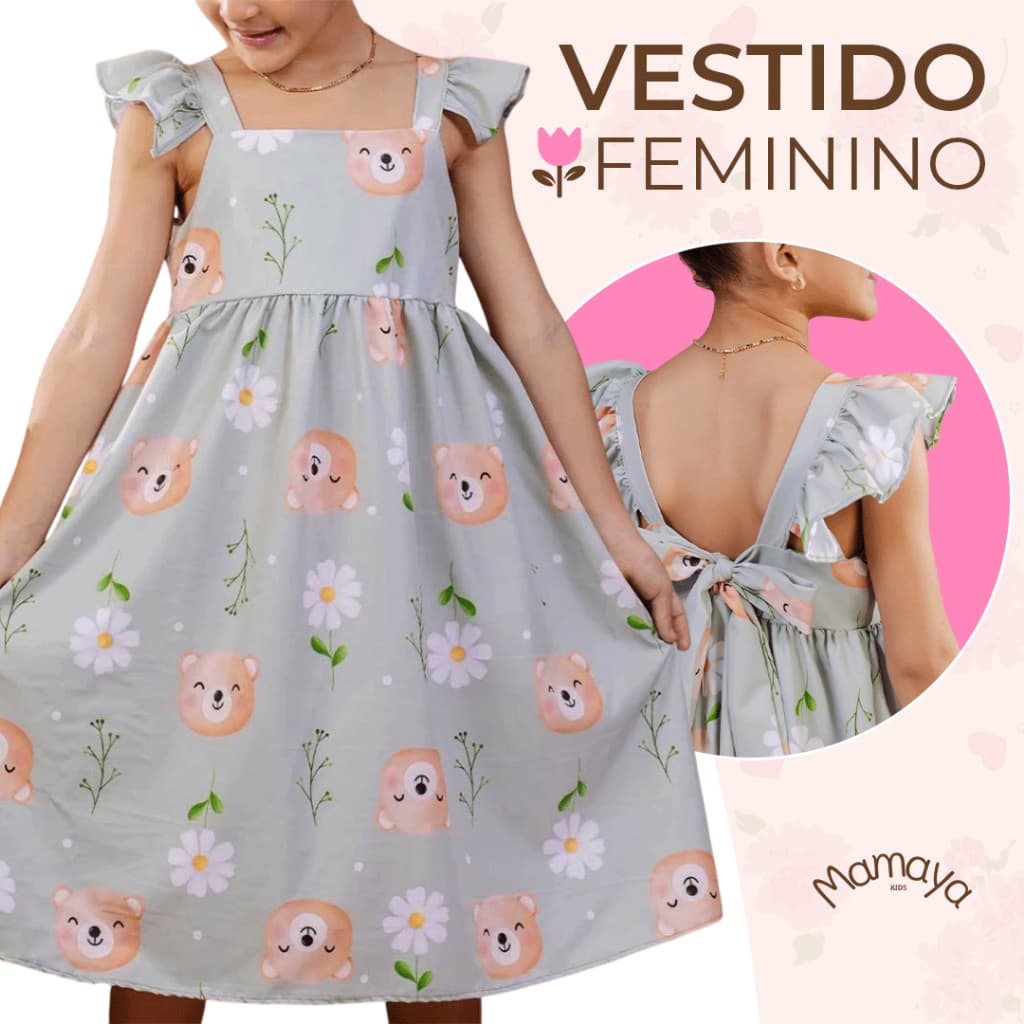 Vestido Menina Urso Infantil Estampado Colorido Luxo Cores Vibrantes Lançamento 4 a 12 Anos