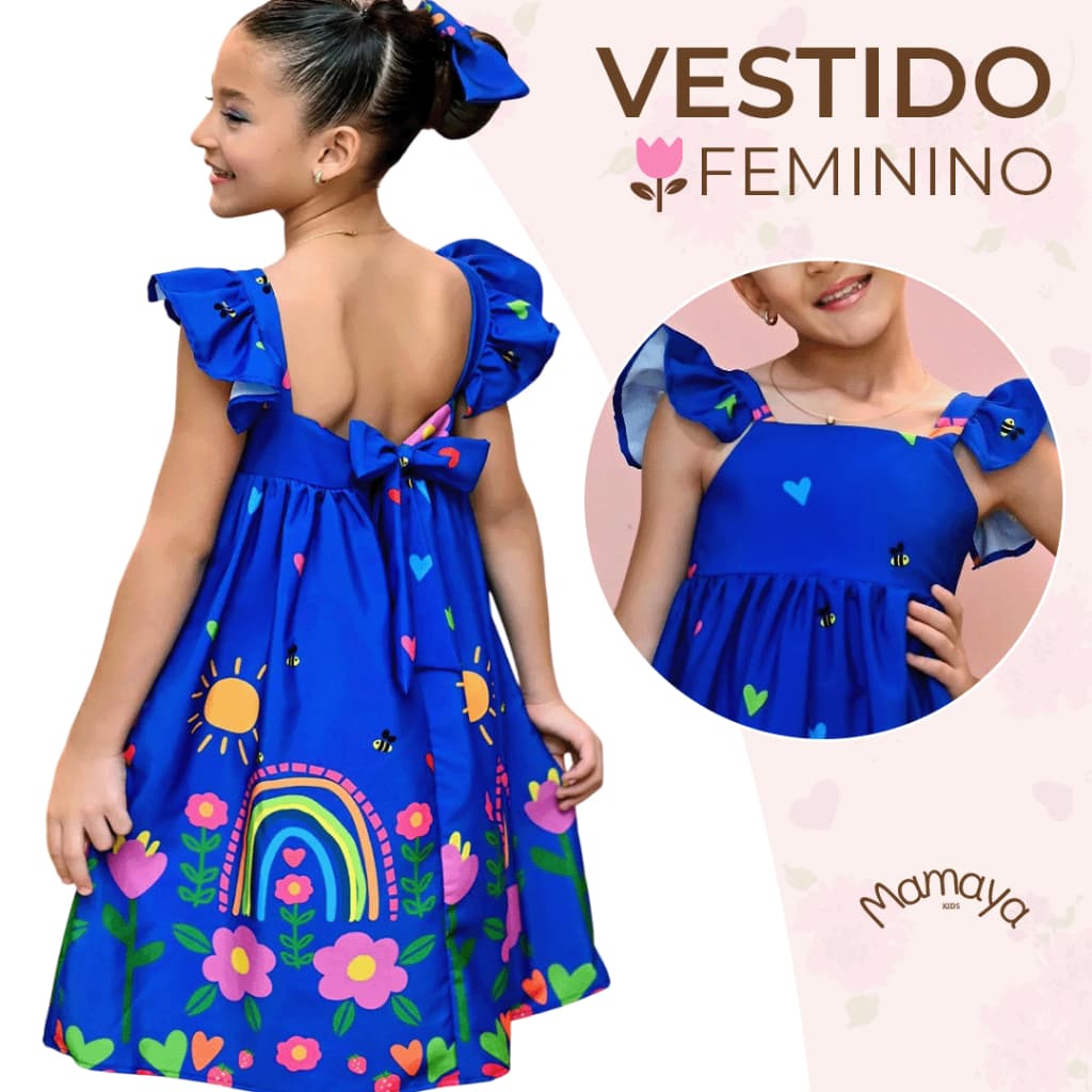 Vestido Barrado Manga Infantil Menina Estampado Casual Festa Luxo 4 a 12 Anos