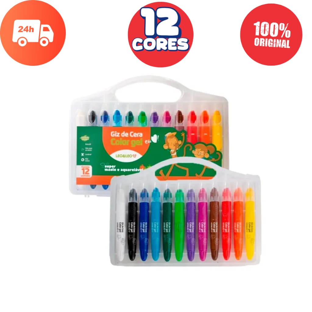 Giz de Cera Color Gel 12 Cores Retrátil Estojo Maleta LeoeLeo Macio e Aquarelável