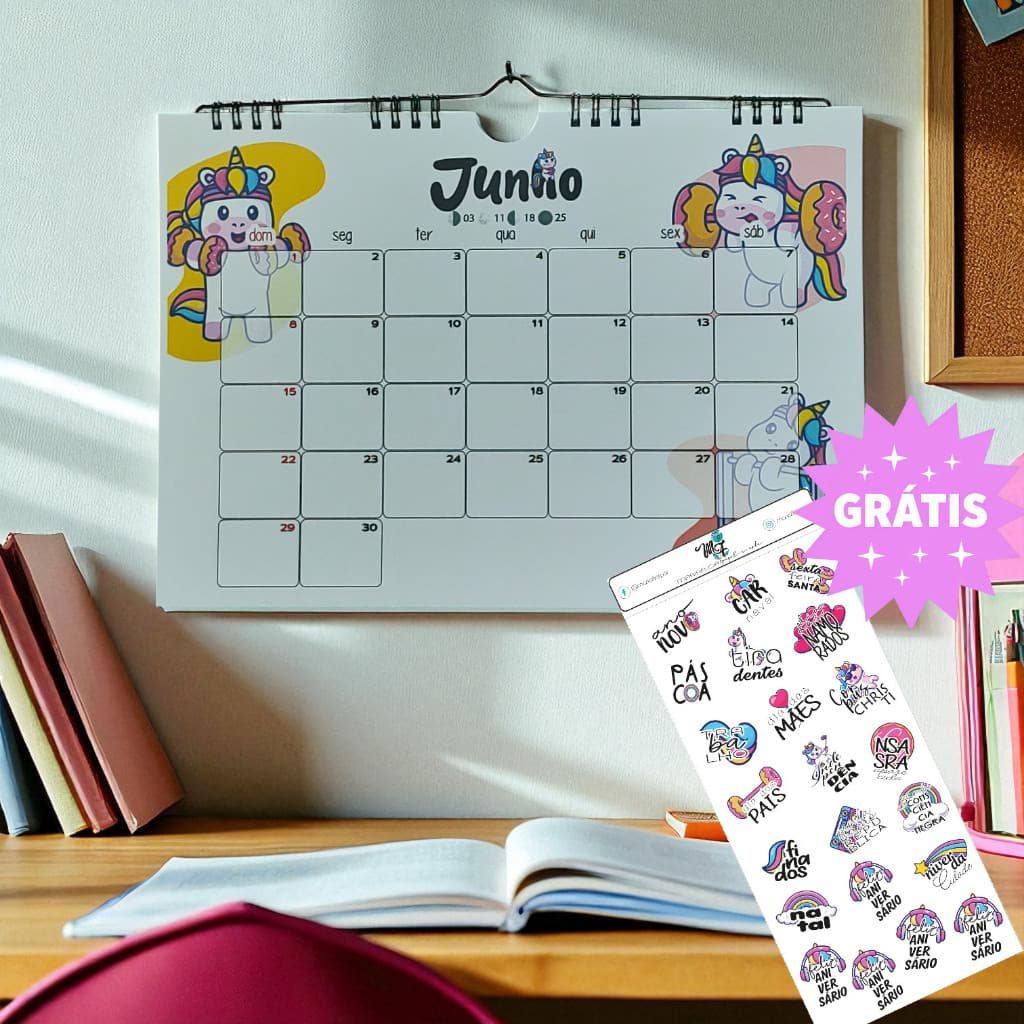 Calendário de Parede 2026/2027 - Base Wire-O Horizontal A4 - Unicórnio
