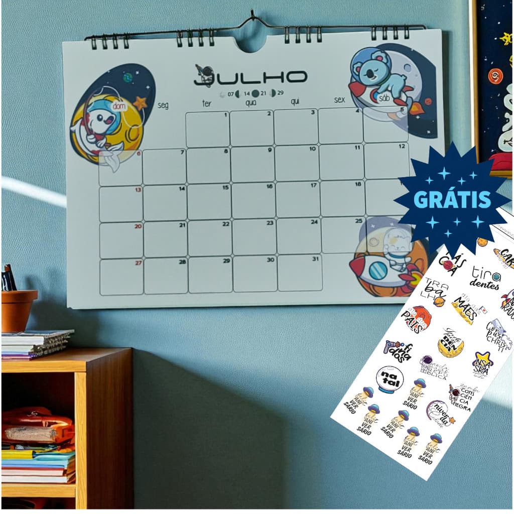 Calendário de Parede 2026/2027 - Base Wire-O Horizontal A4 - Astronauta e Animais