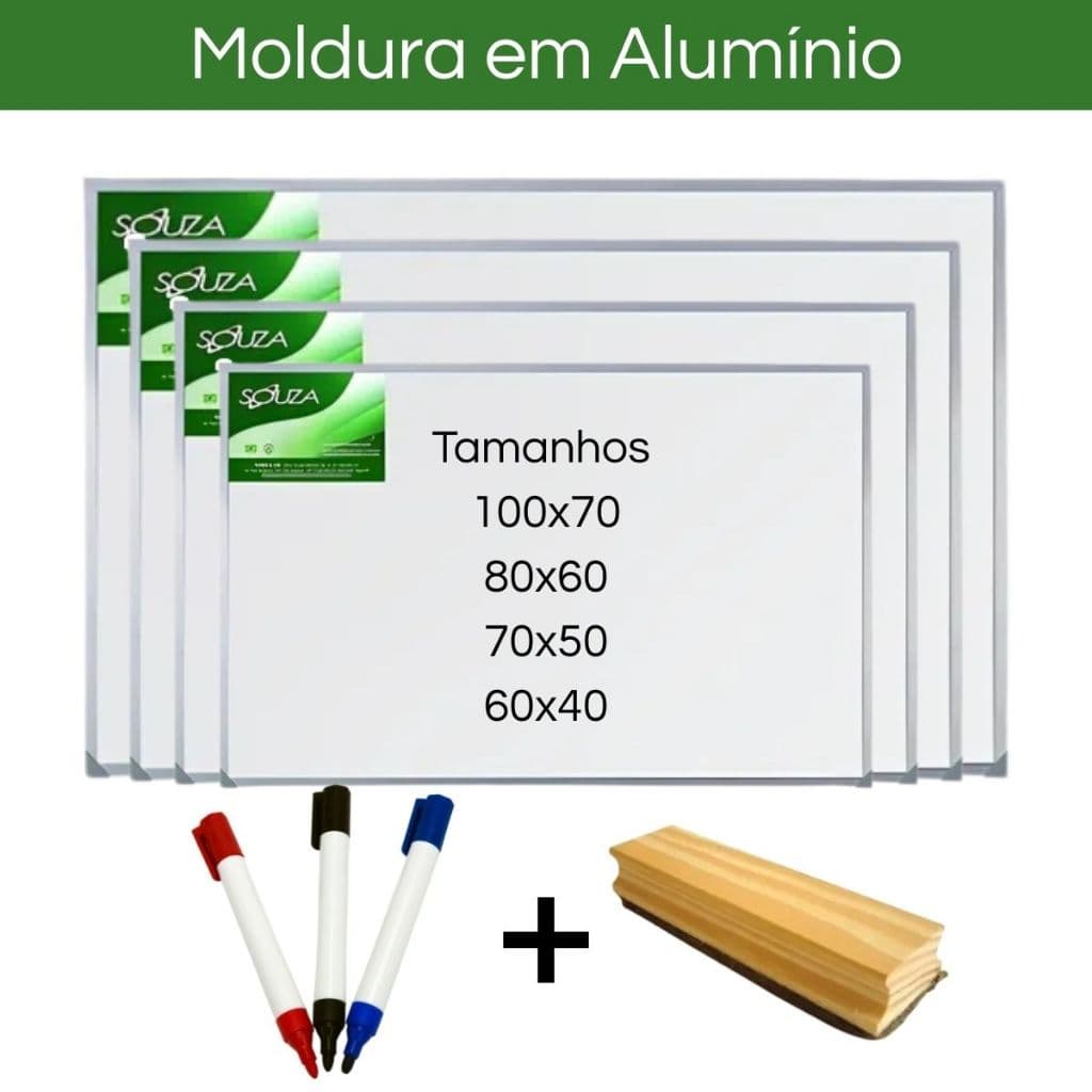 Lousa Quadro Branco Escolar Com Apagador e 3 Marcadores Moldura Aluminio