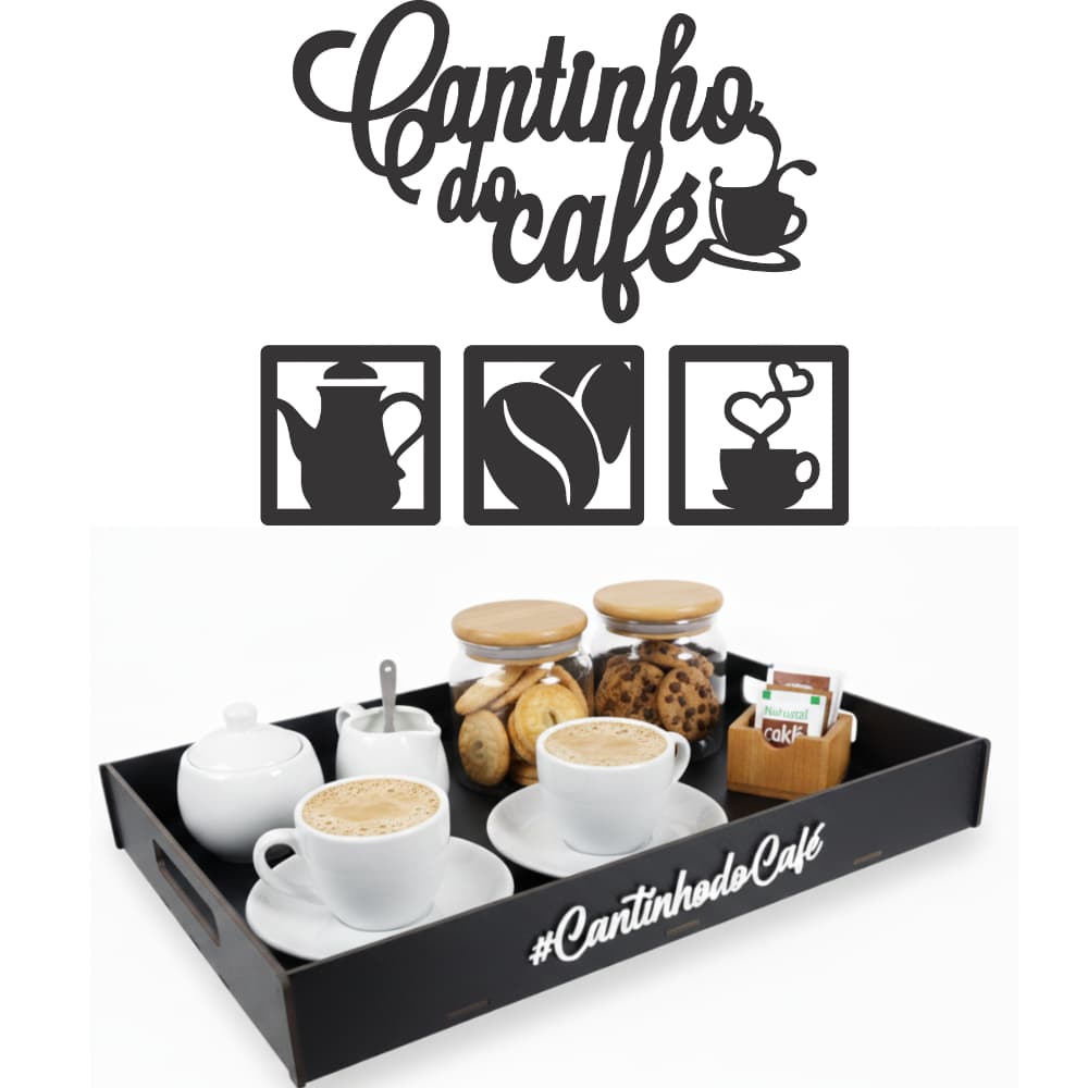 Kit Bandeja Grande Placa Cantinho do Café 5 Peças Preta Decoração e Organização Cozinha