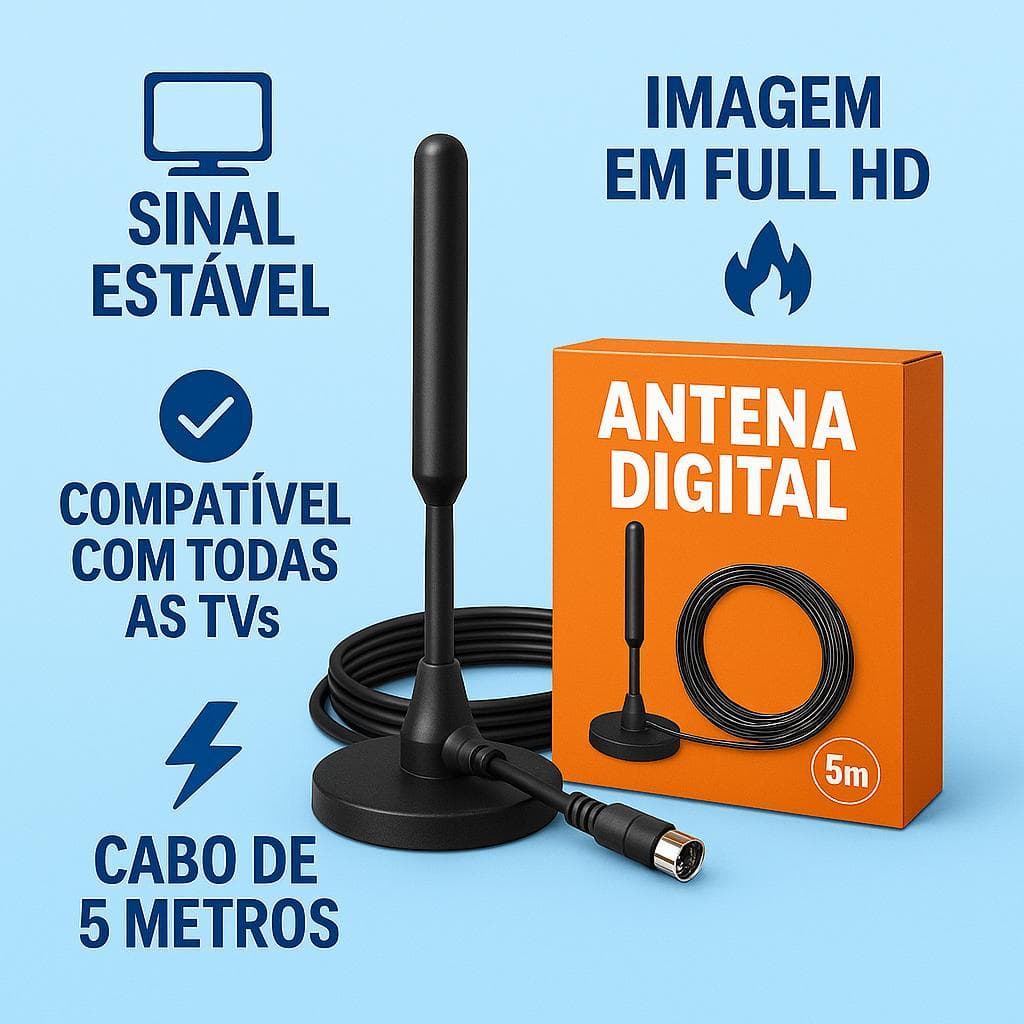Antena Digital Amplificada Full HDTV UHF VHF FM Interna Externa 4K Base Imã Prova da Agua