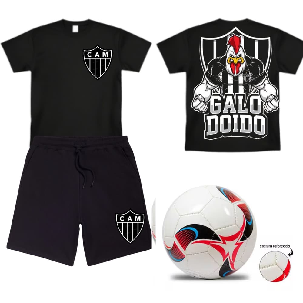 Conjunto infantil e juvenil camiseta e bermunda com bola Atletico Mineiro 4 ao 16