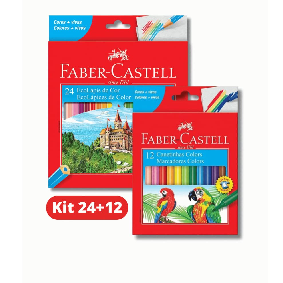 Faber-Castell Kit Lápis de Cor 24 Cores + 12 Canetinhas Hidrocor – Material Escolar Completo