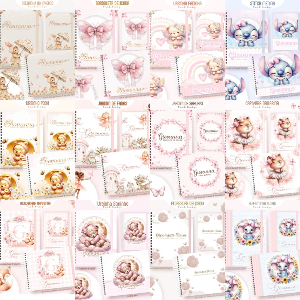 KIT MATERNIDADE MENINA - VÁRIOS TEMAS - Caderneta de Saúde + Livro do Bebê + Porta Documentos + BRINDE