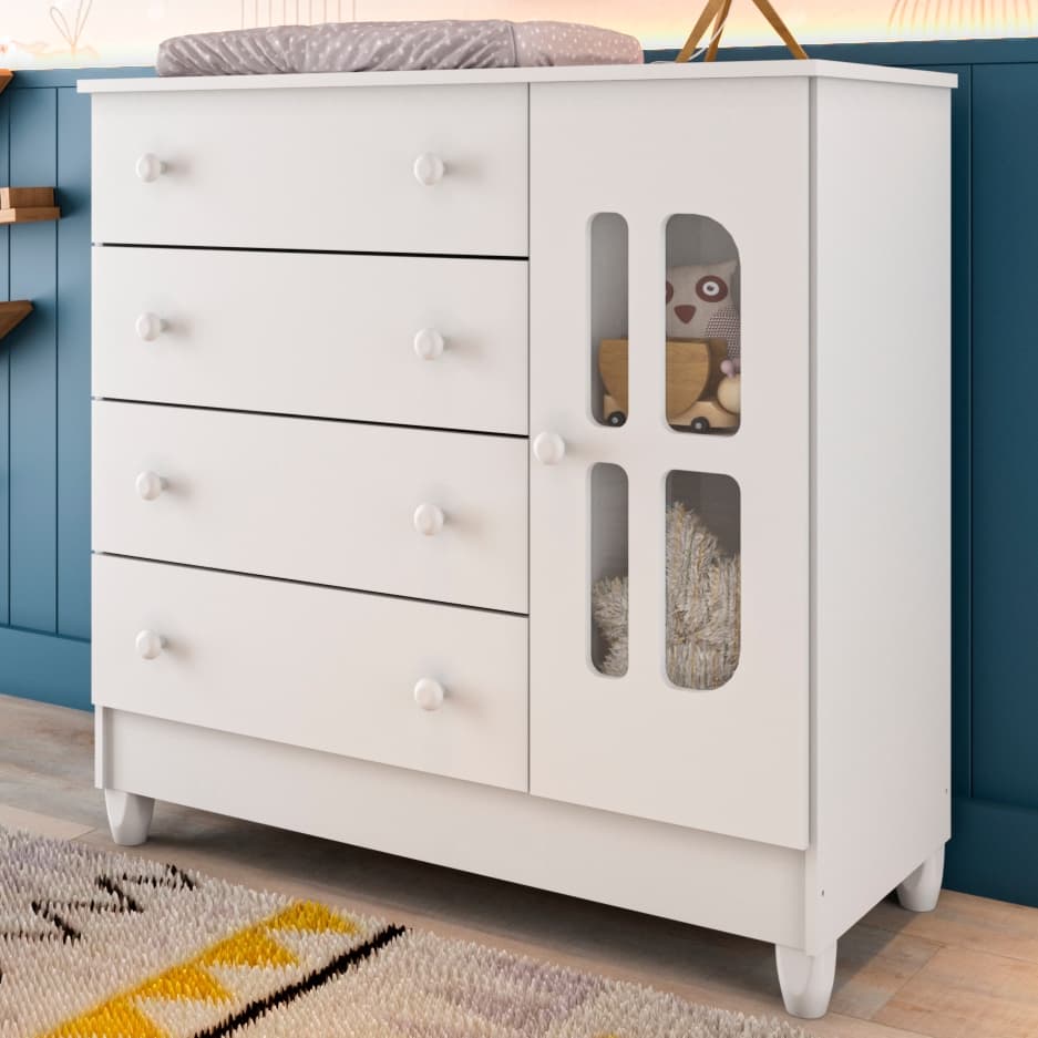 Cômoda Infantil 4 Gavetas com Porta 100% MDF Carolina Baby