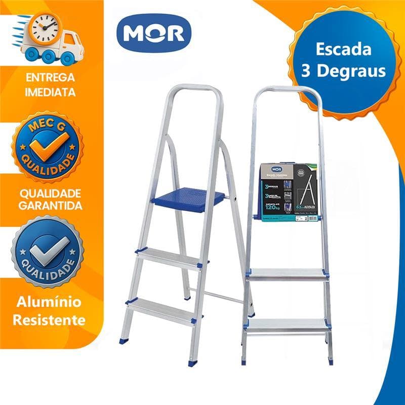Escada Mor 3 Degraus Dobravel Domestica Resistente Reforçada Articulada Leve Durável Aluminio Suporta 120 kg