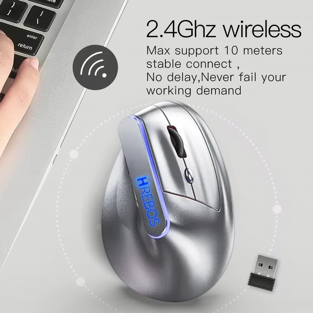 Mouse vertical ergonômico 2.4G e conexão Bluetooth dual-mode Ajuste de 1600DPI LED HREBOS IF-299