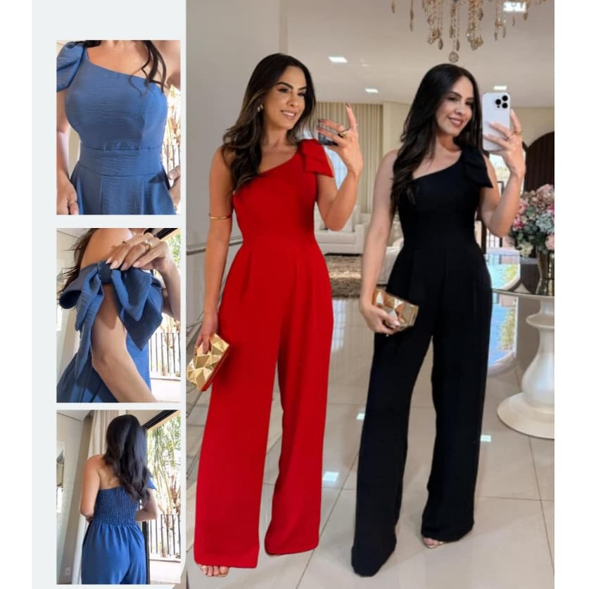 Macacão Longo Pantalona Feminino acimetrico com Laço elastex nas Costas bolsos laterais