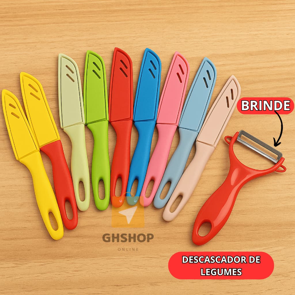 Kit 10 Facas Coloridas de Cozinha Com Capa Faquinha Cortar Frutas + Descascador Legumes