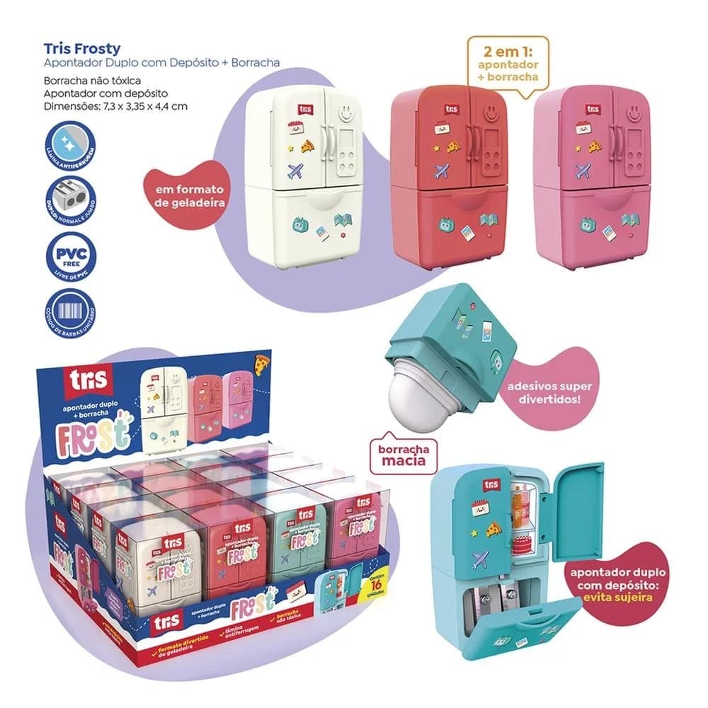 Apontador Duplo com Depósito + Borracha Frost Geladeirinha - Tris