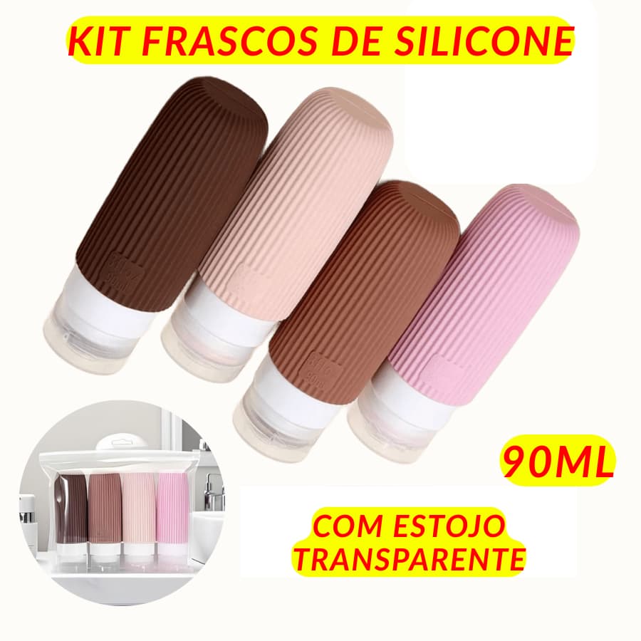 Kit Frascos Dispenser 90ML Silicone Flexível Estojo Transparente Para Cosméticos
