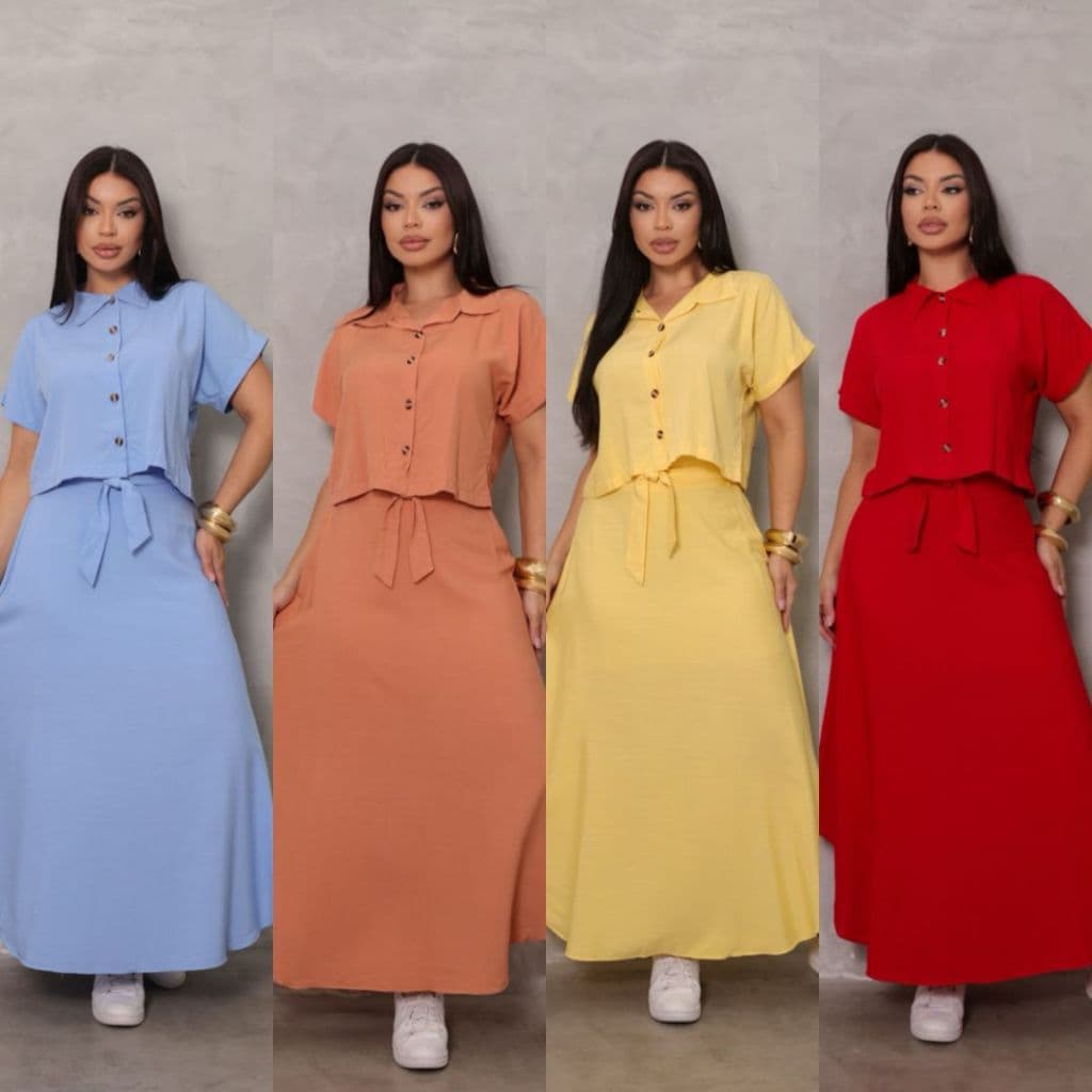 Conjunto Feminino Alfaiataria Cropped e Saia Longa com Fenda Moda Evangélica Elegante