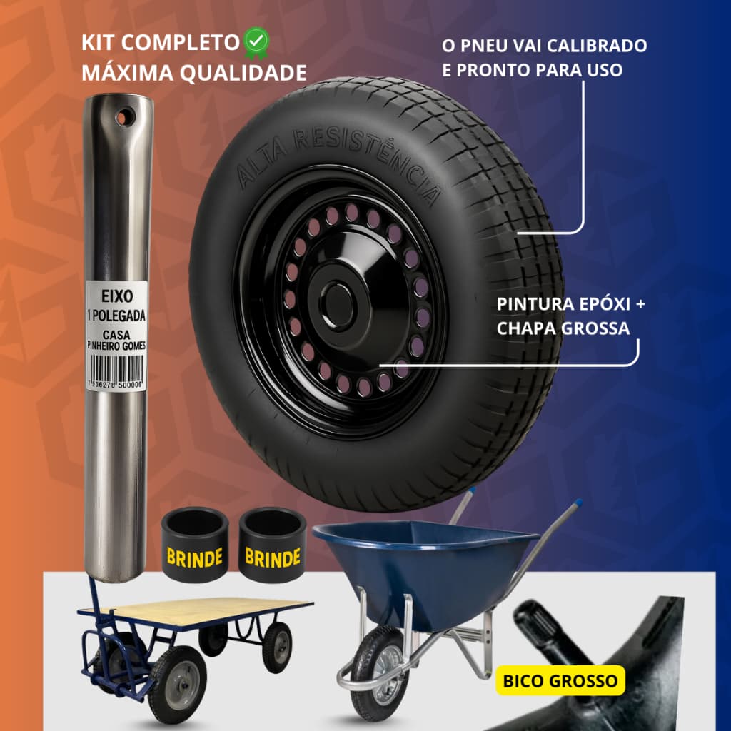 Roda com Pneu e Câmara para Carriola Carrinhos plataforma Carrinho de Carga 3,25x8 + Eixo 1 polegada Completo