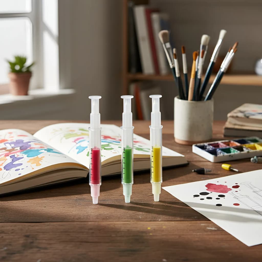 Kit 10 Canetas Esferográficas Com Marca Texto Formato Seringa