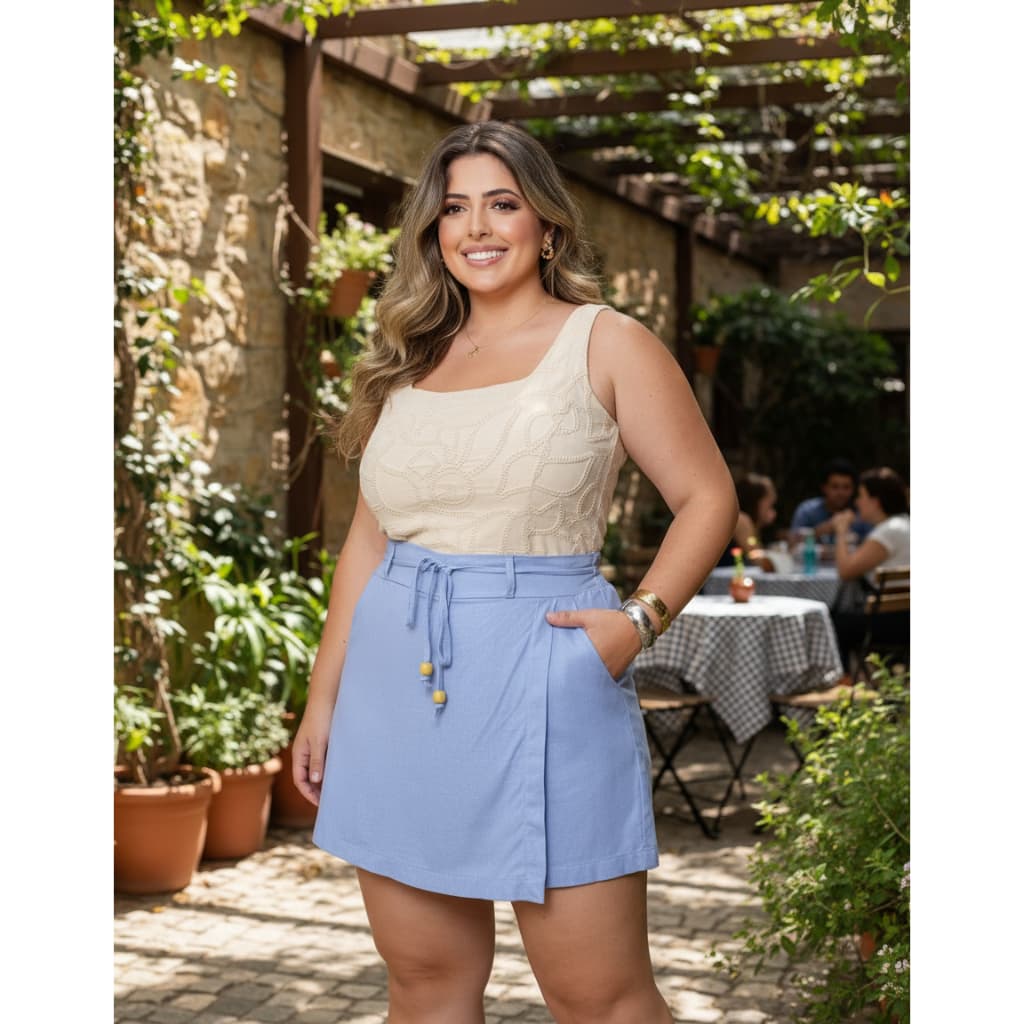 Short Saia Plus Size Cintura Alta Com Bolsos E Cinto Linho
