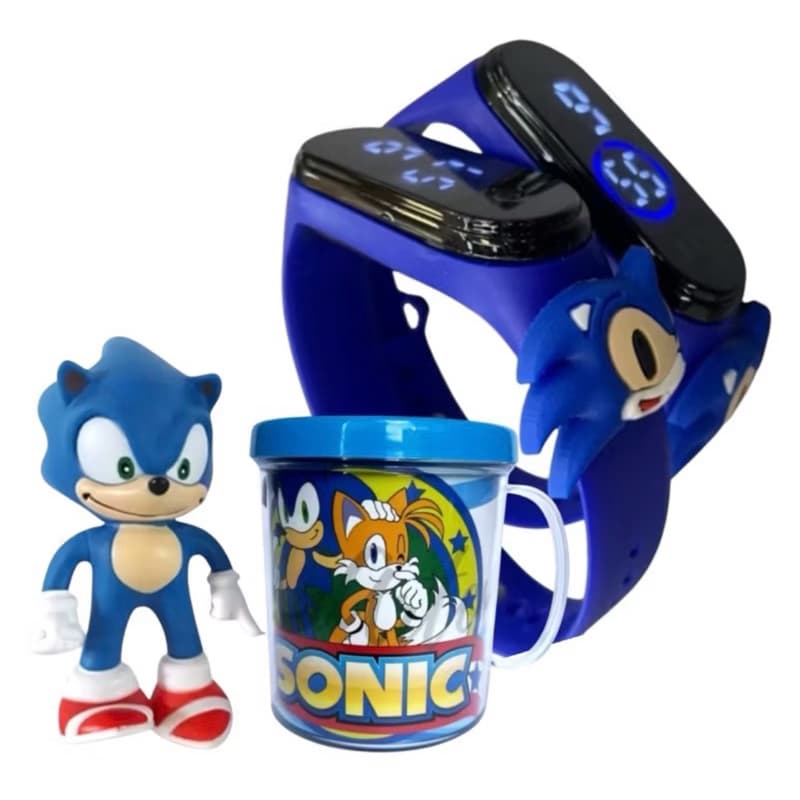 Kit Sonic Infantil Boneco + Relógio Digital + Caneca Presente Criança