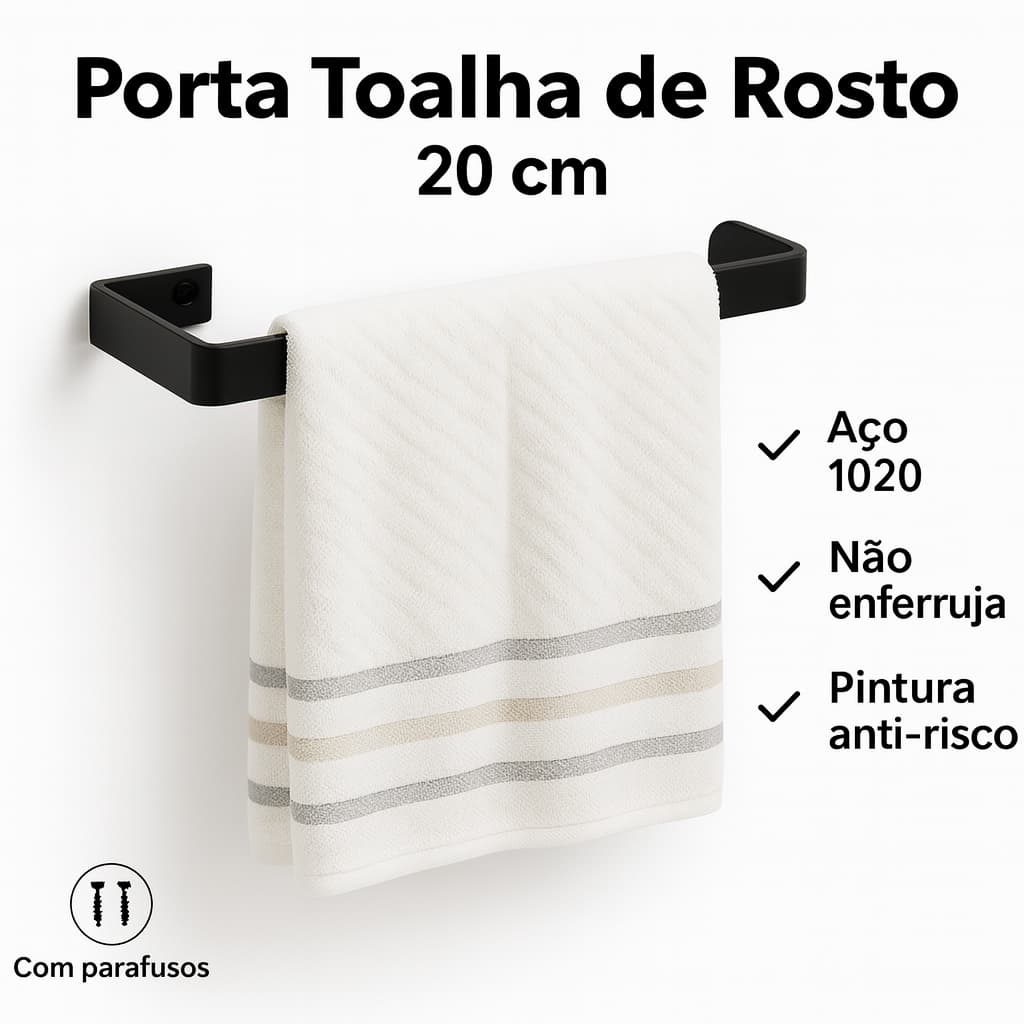 Porta Toalha de Rosto 20cm Aço Preto Fosco | Com Parafusos | 1un, 2un ou Kit Lavabo 3 Peças